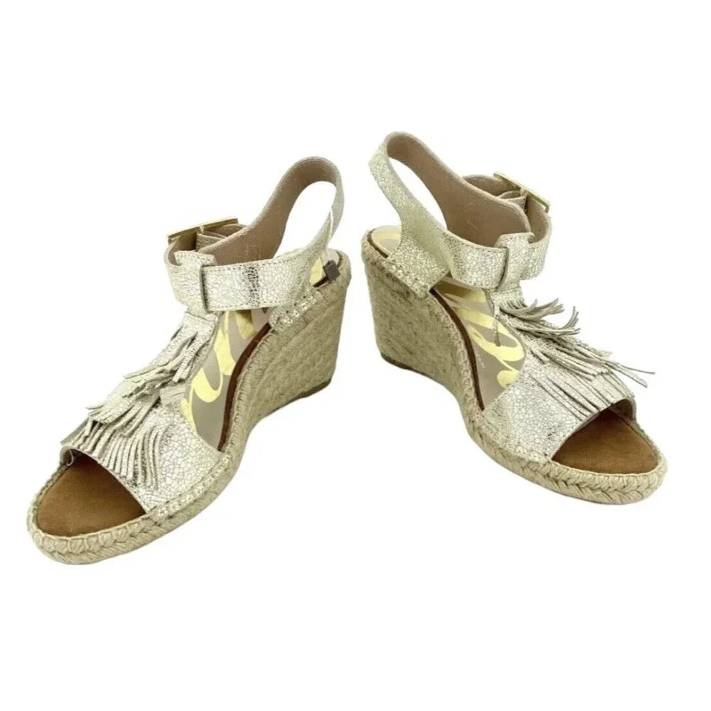 Cuple Gold Leather Espadrille Sandals Metallic Wedge Fringe SZ 37 EU 6.5 US NIB